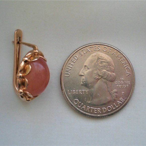 Vintage Russian Soviet USSR 14K 583 Rose Pink Gold Rose Pink Chalcedony Earrings - Picture 6 of 7